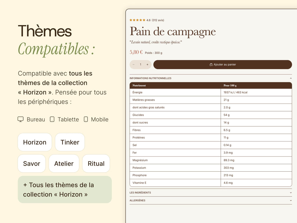 Tableau de caractéristiques produit dynamiques