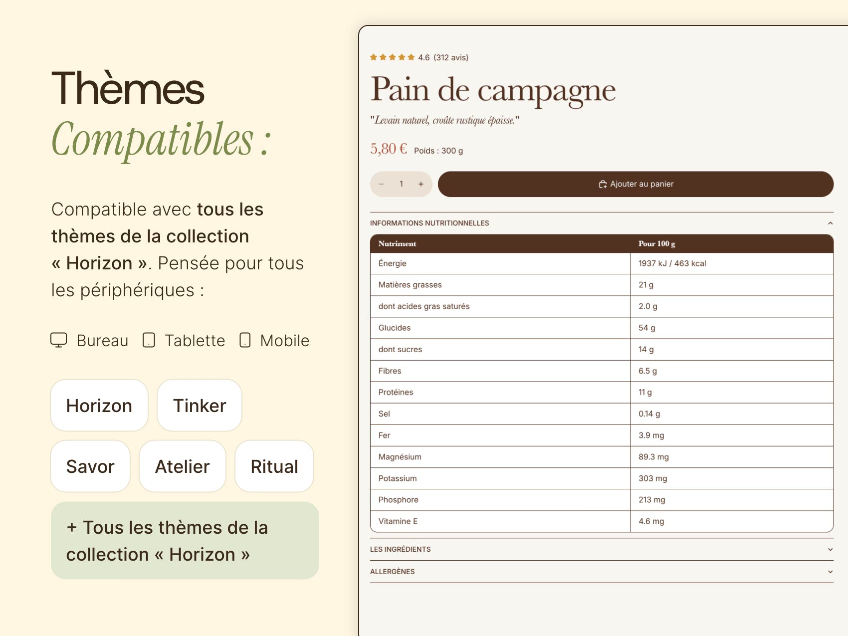 Tableau de caractéristiques produit dynamiques